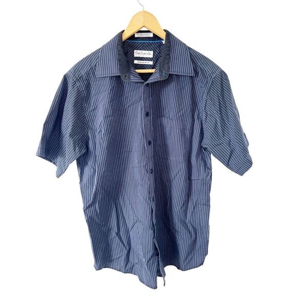 Guy Laroche Vtg Navy Black Stripe Modern Fit Cotton Short Sleeve Dress Shirt - Picture 1 of 7